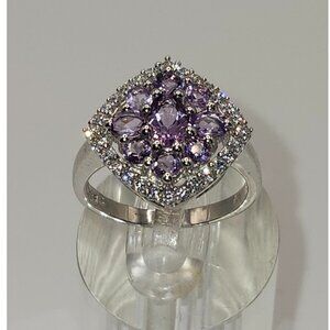 .925 Sterling Silver Natural Amethyst/Cubic Zirconia Ring Size 8 Value $610